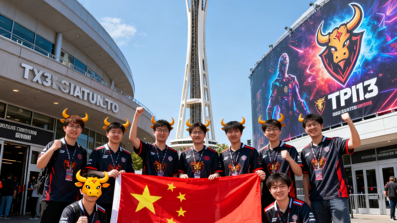 TI13国际邀请赛现场，电竞牛观赛团成员身着统一应援服，在体育馆入口处高举中国战队旗帜合影留念，背景是西雅图标志性的太空针塔与赛事巨幅海报