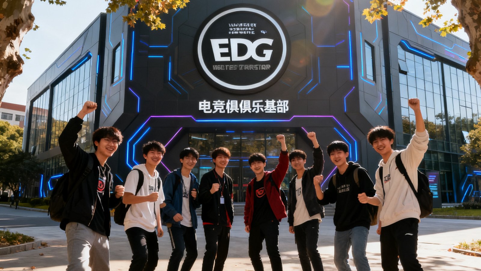 电竞牛上海城市打卡路线实拍，一群年轻游客在EDG电竞俱乐部基地门前兴奋合影，身后是充满科技感的俱乐部大楼，阳光透过梧桐树叶洒落