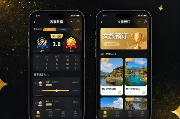 电竞牛APP 3.0版本全新界面截图，展示重新设计的赛事数据面板和文旅预订入口，配色采用深色主题搭配金色点缀